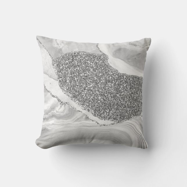 Coussin Blanc Gris Argent Paillettes Luxe Géode d'agate (Recto)