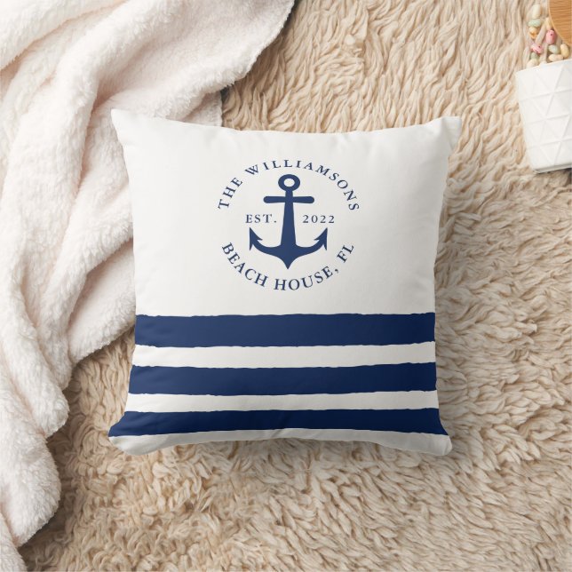 Coussin Blanc Marine Bleu Stripes Famille Monogramme Nauti (Couverture)