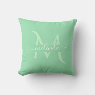 Coussin Blanc Modern Mint Monogramme Partagé Nom Personnal