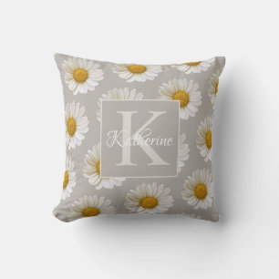 Coussin Blanc Motif marguerite Monogramme gris floral