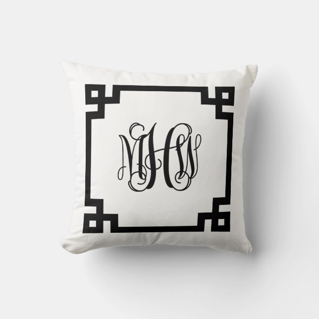 Coussin Blanc noir clé grecque Vigne Script Monogramme do- (Recto)