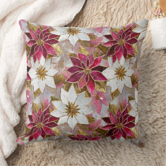 Coussin Blanc Or Bourgogne rose Poinsettias de Noël