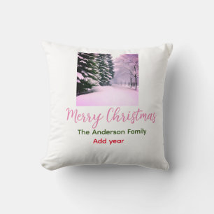 Coussin Blanc rose neige joyeux Noël ajouter nom de famill