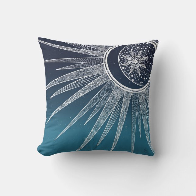 Coussin Blanc Sun Moon Mandala Blue Gradient Design (Recto)