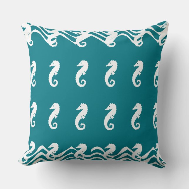 Coussin blanc sur bleu SEA HORSE vie côtière (Recto)
