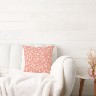Coussin Blanc sur corail   Motif d'étoiles en linogravure