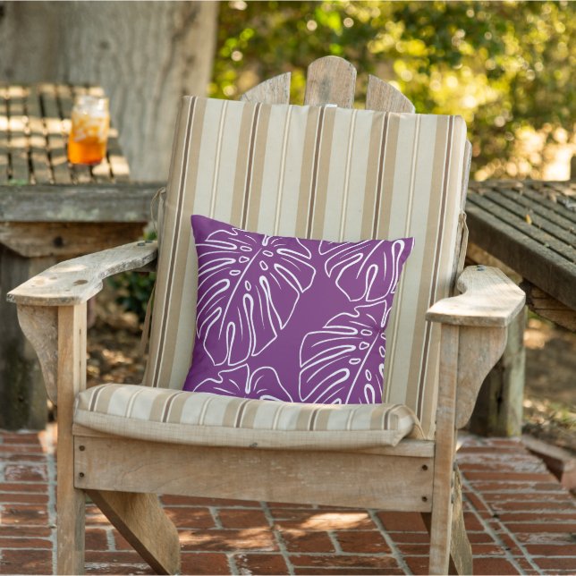 Coussin Blanc Tropical Leaf Motif Dark Magenta Rose violet (Chaise)
