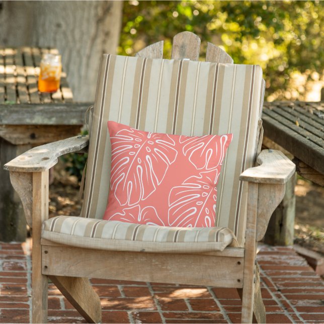 Coussin Blanc Tropical Leaf Motif Sur Coral Rouge Orange (Chaise)