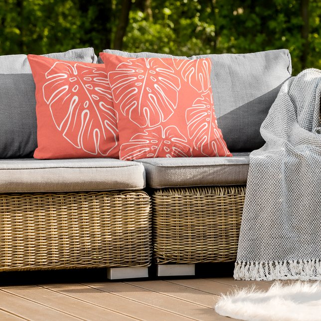 Coussin Blanc Tropical Leaf Motif Sur Coral Rouge Orange (Créateur téléchargé)