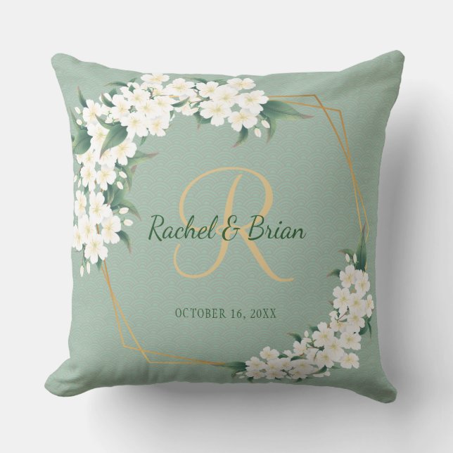 Coussin Blanc Vert Floral Monogramme Mariage Keepsaké Jeu (Recto)
