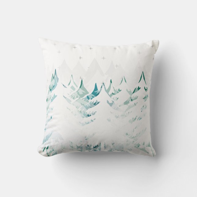 Coussin Blanc vert turquoise bleu d'hiver d'arbres chargé (Recto)