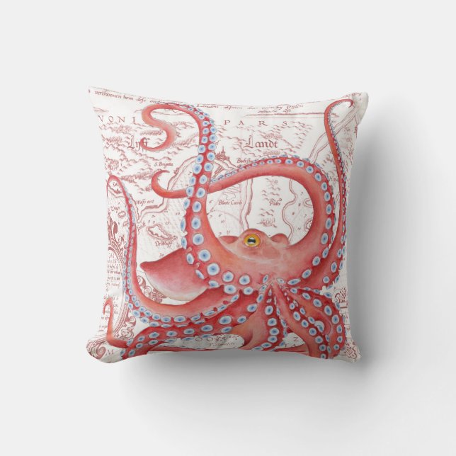 Coussin Blanc vintage de carte de poulpe rouge (Recto)