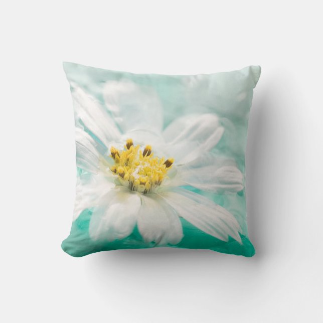 Coussin Blancs Fleur Bleu Aqua Aqua Turquoise (Recto)