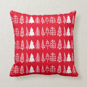 Coussin Blancs mignons Arbres de Noël rouges   Motif de va