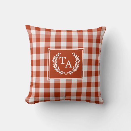 Coussin Blason de monogramme à carreaux orange-rouge (Recto)