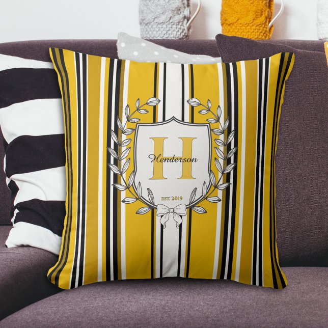 Coussin Blason de monogramme Élégant rayure jaune Nom de f (Créateur téléchargé)
