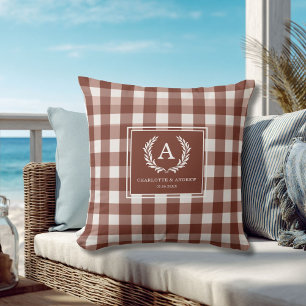 Coussin Blason Monogrammé Gingham Marron