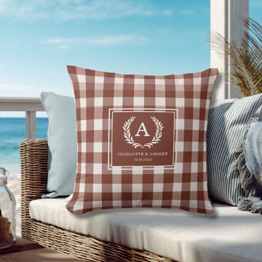 Coussin Blason Monogrammé Gingham Marron