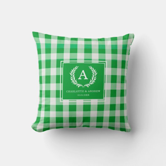 Coussin Blason Monogramme Gingham Vert (Recto)