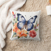 Coussin Bleu Aquarelle Papillon Pêcher Rouge Flore brillan (Couverture)