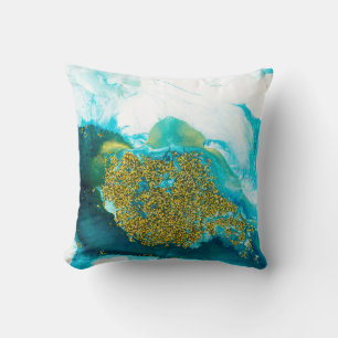 Coussin Bleu avec or parties scintillant fluide art, créat