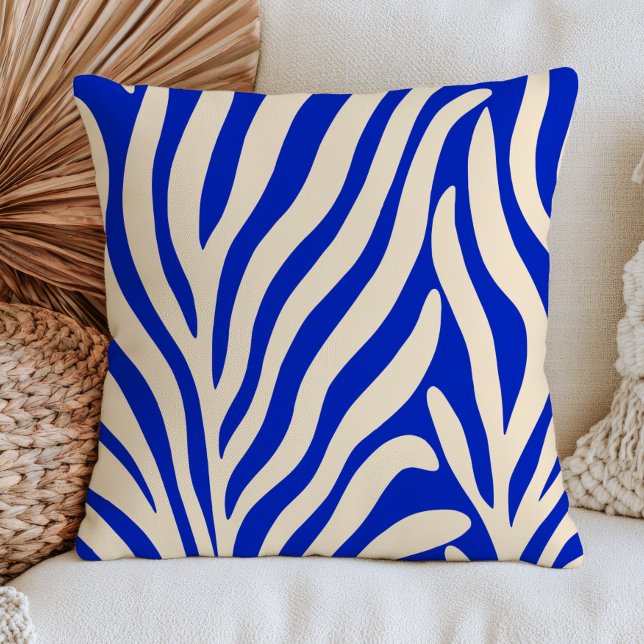 Coussin Bleu & Blanc Abstrait Botanique BOHO Chic Moderne  (Créateur téléchargé)