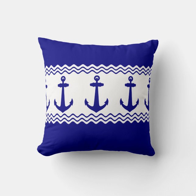 Coussin Bleu Blanc Ancres Maritimes Rayures Côtières (Recto)