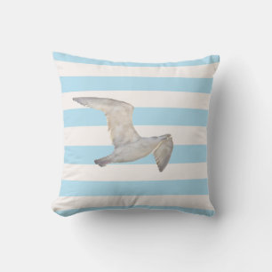 Coussin Bleu blanc bleu pastel rayures seagull oiseau