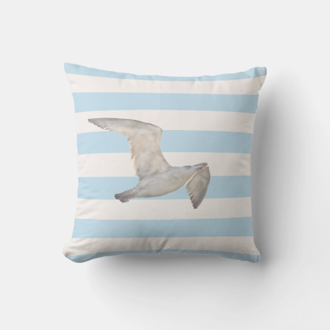 Coussin Bleu blanc bleu pastel rayures seagull oiseau (Recto)