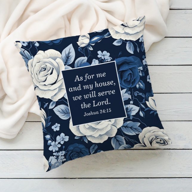 Coussin Bleu Blanc Floral Bible Chrétienne Verse (Navy blue white floral Christian Bible verse decorator pillow)