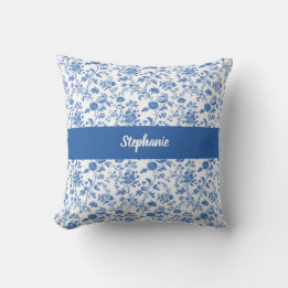 Coussin Bleu Blanc Floral Nom Personnalisé Vintage
