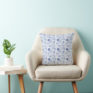 Coussin Bleu Blanc Floral Toile Élégant Aquarelle