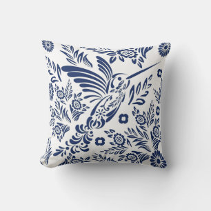 Coussin Bleu & Blanc Hummingbird Floral Talavera Mexicaine