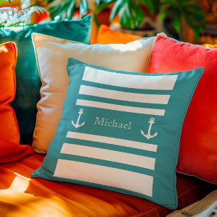 Coussin Bleu Blanc Rayures Douces Naïques Ancre Nom