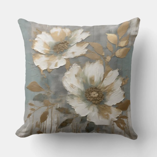 Coussin Bleu bleu clair Or floral contemporain (Recto)