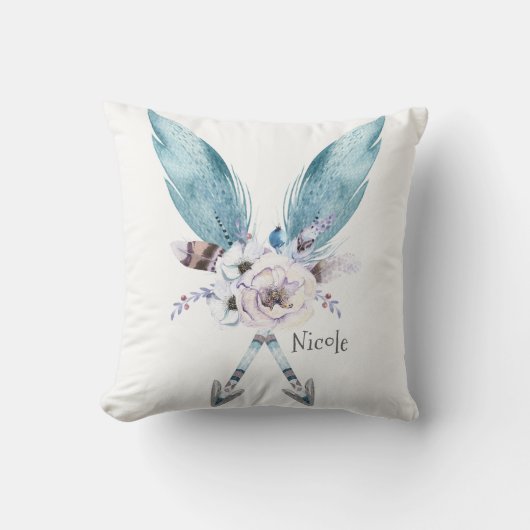 Coussin Bleu Boho Bohème Chic Flèches Fleur Floral (Recto)