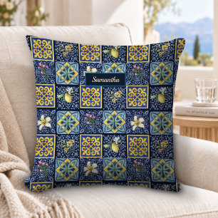 Coussin Bleu chic sarcelle sicilien méditerranéen citrus