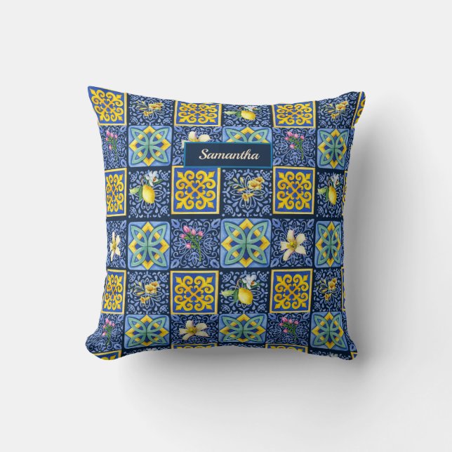 Coussin Bleu chic sarcelle sicilien méditerranéen citrus (Recto)