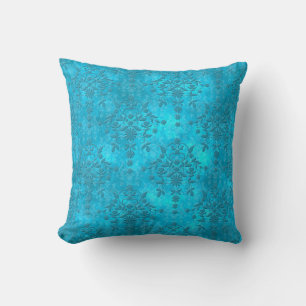 Coussin Bleu Clair Aqua Double Damassé en Distress