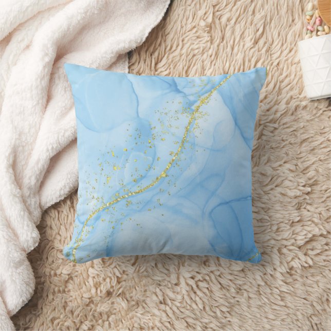 Coussin Bleu clair avec brins d'or Art liquide (Couverture)