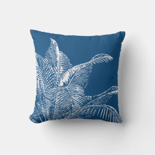 Coussin Bleu classique et blanc Botanique   Palme tropical