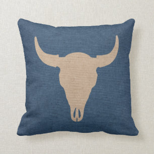 Coussin Bleu de crâne de Taureau et de denim de klaxons