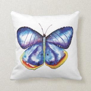 Coussin bleu de jet d'aquarelle de papillon