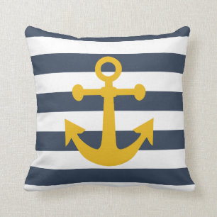 Coussin Bleu de la marine marine Bleu rayures de moutarde 
