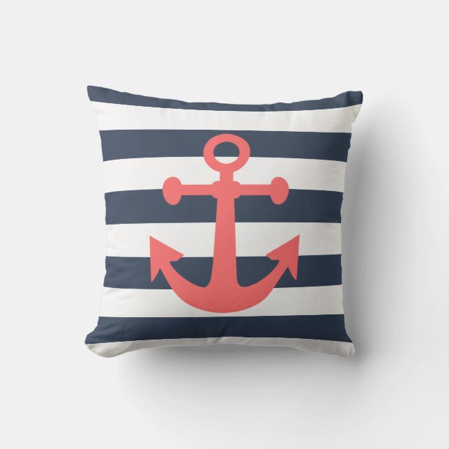 Coussin Bleu de la marine nautique Ancre de corail (Recto)