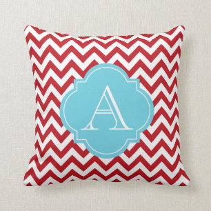 Coussin bleu de monogramme de rayures rouges et