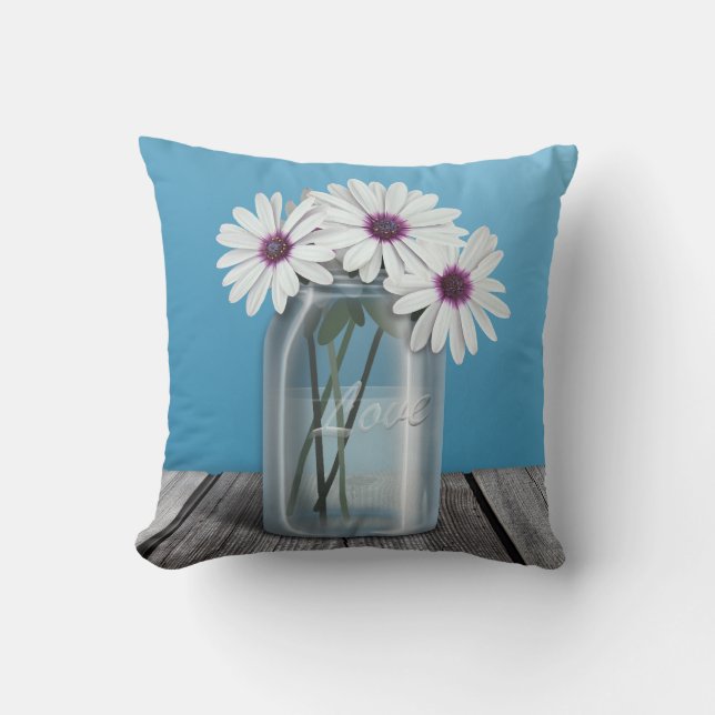 Coussin bleu de pot de maçon de marguerite blanche (Recto)