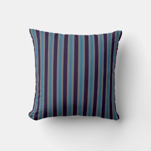 Coussin bleu denim, rayures violet foncé et gris