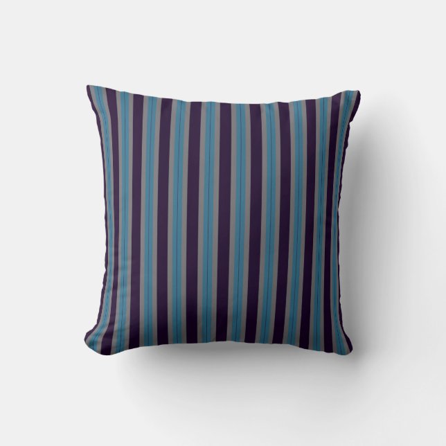 Coussin bleu denim, rayures violet foncé et gris (Recto)