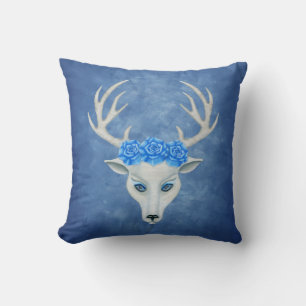 Coussin Bleu des yeux bleus de la tête de cerf blanc Roses
